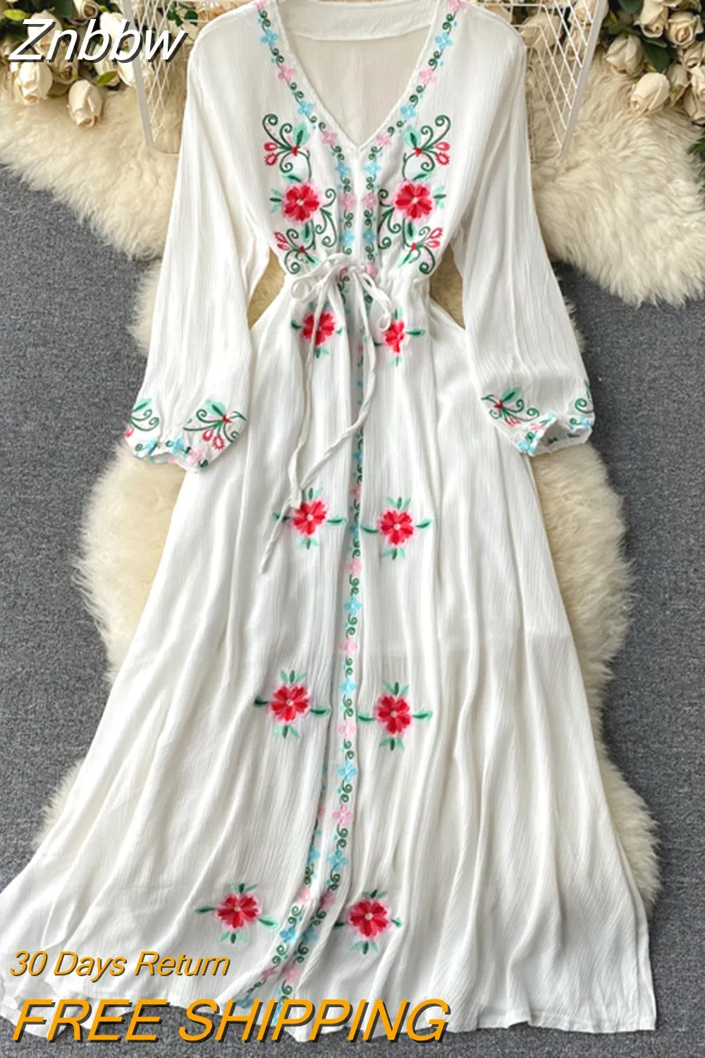 Znbbw Women's Dress Travel Photography Holiday Long Dress 2023 New Retro Ethnic Style Embroidered V-neck Lantern Sleeve Dress Y1034 - Image 6