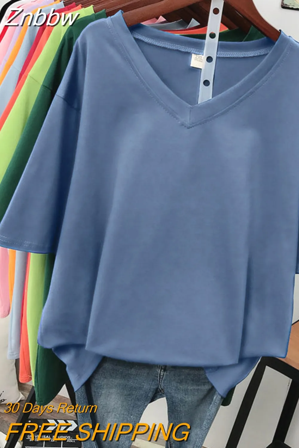 Znbbw 100% Cotton M-6XL T Shirt Solid V Neck Tshirt Short Sleeve Women's Top Basic Summer Couple Oversized T Shirts - Image 8