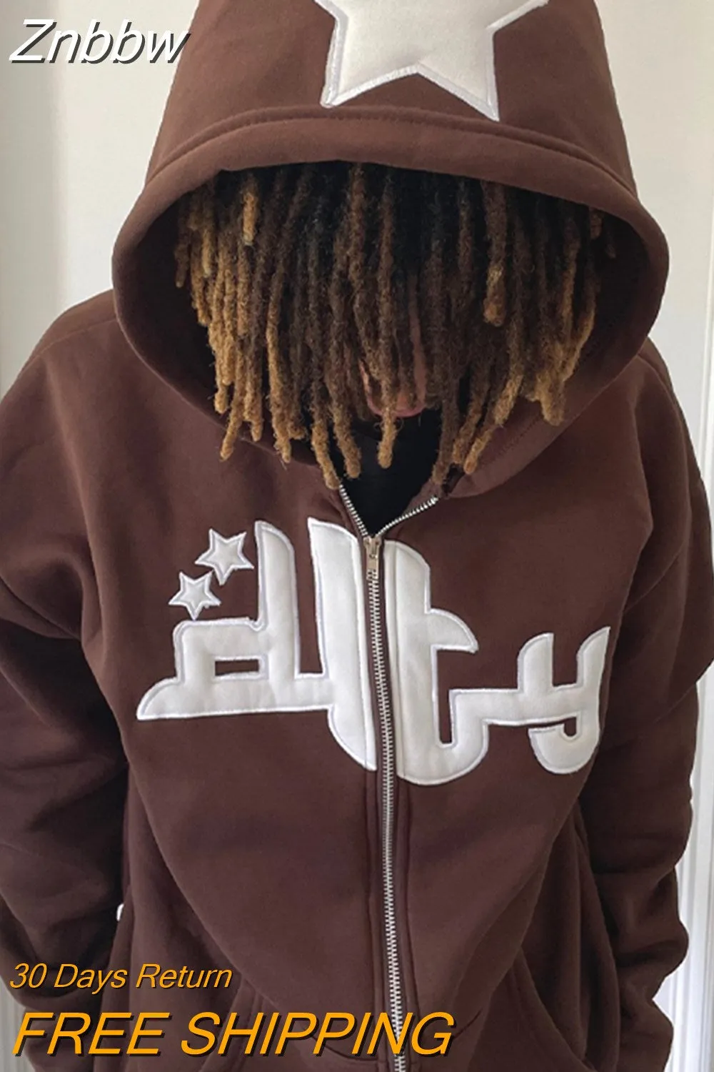 Znbbw Men Star Letter Print Hoodie Fashion Zip Up Long Sleeve Oversized Jacket Coat Harajuku Gothic Hooded Sweatshirt Y2K Teen Clothes