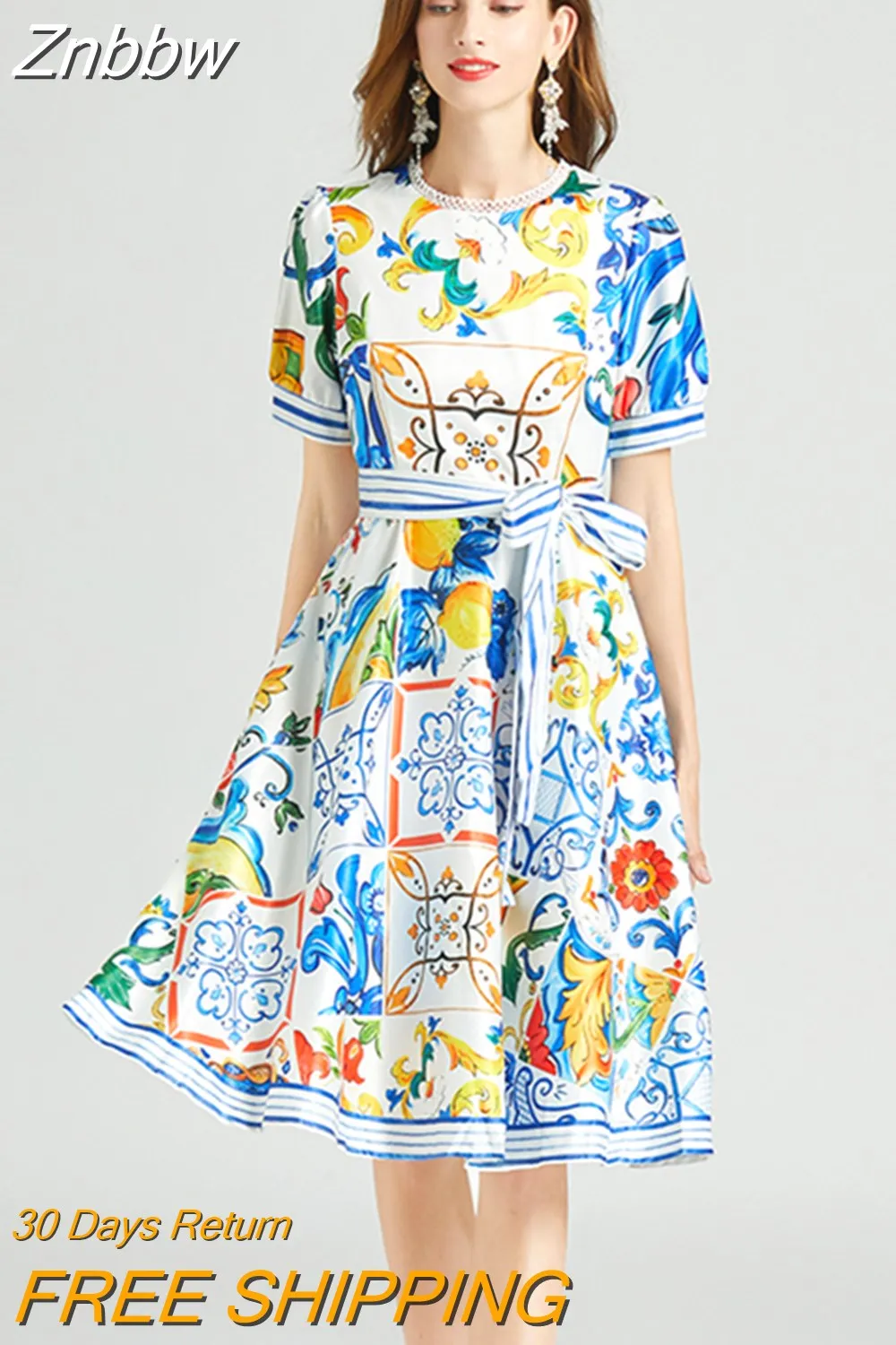 Znbbw 2023 Summer Midi Dress Women Stitching Lace O-Neck Short Sleeve Blue and White Porcelain Stripe Print Sashes A-Line Dress
