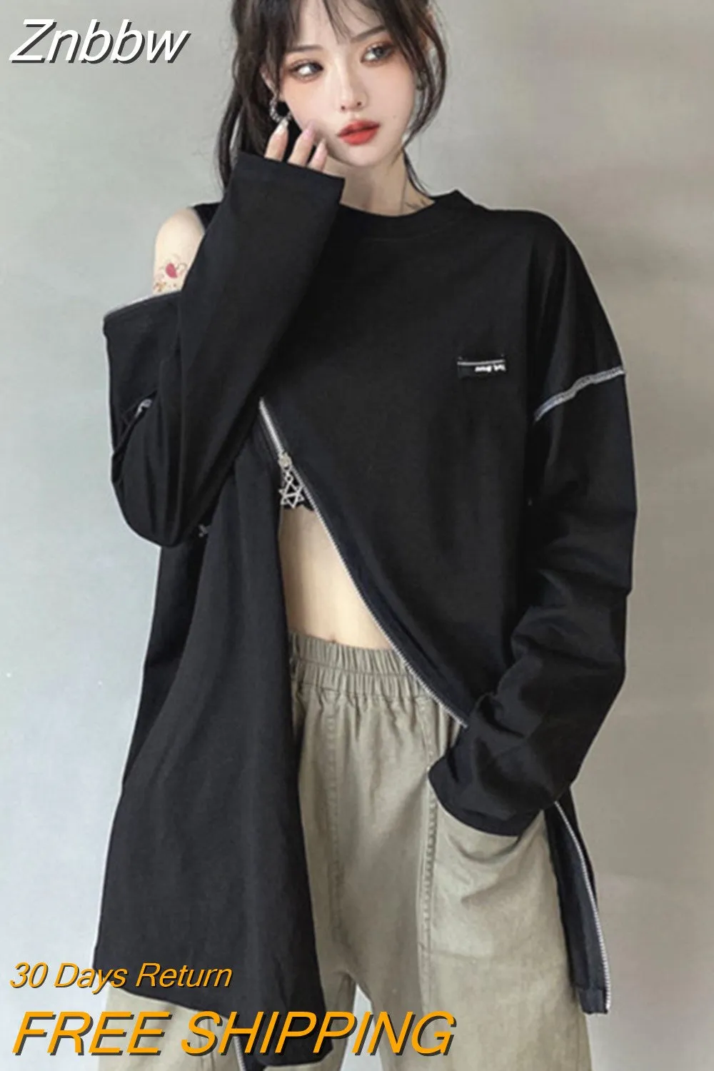 Znbbw Y2K Techwear Zip Up T Shirts Women Harajuku Punk Off Shoulder Tee Loose O-neck Long Sleeve Sexy Tops Hip Hop Streetwear - Image 2