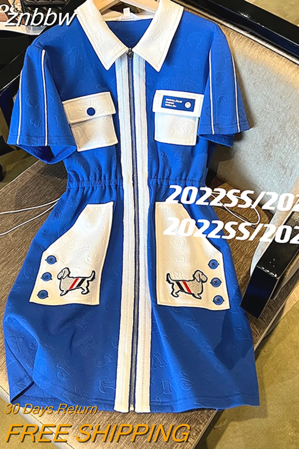 znbbw Women's Korean Elegant Klein Blue Short Sleeve Turndown Collar Midi Dress Sweet Preppy Style Golf Tennis Dress Female Junpsuits