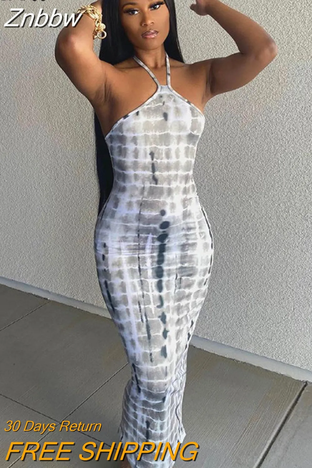 Znbbw Women Summer Fashion Sleeveless Halter Printed Bodycon Pencil Long Dress Sundress 2023 Female Clothing Streetwear