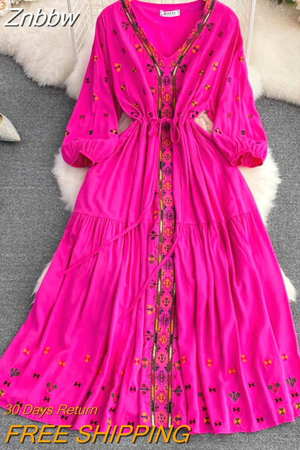 Znbbw retro ethnic style temperament embroidered puff sleeves V-neck waist a-line dress holiday big swing Vestidos Women D1577