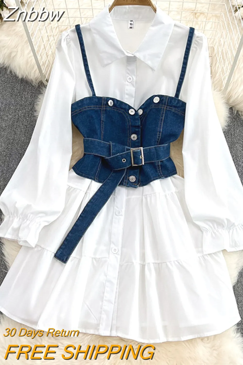 Znbbw Autumn Cowboy Waistcoat Shirt Dress Female Elegant Length Sleeve White Shirt Dress Vest Women's Two-piece Set GD785 - Image 2