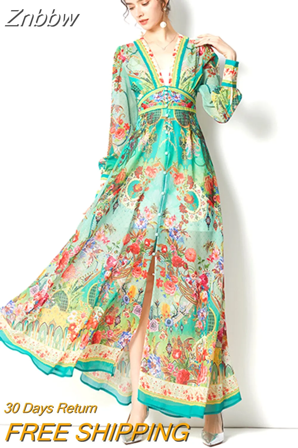 Znbbw 2023 Summer Fashion Runway Elegant Chiffon Maxi Dress Women Deep V Neck Print Boho Holiday Party Long Dress N6878 - Image 4