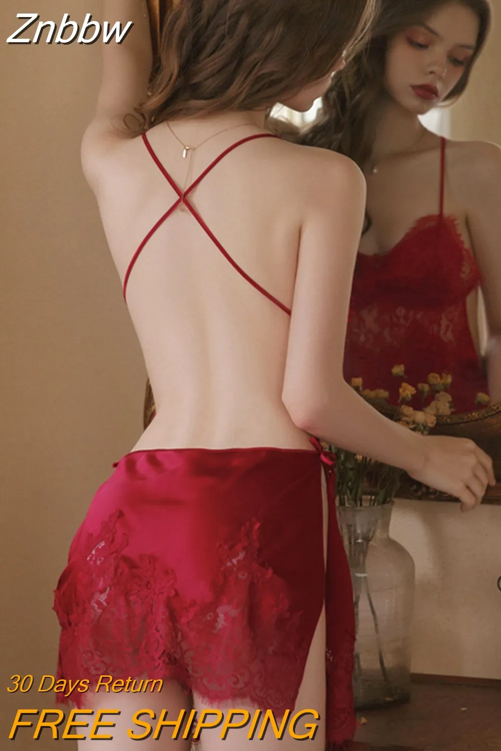 Znbbw Back Lingerie Eyelash Lace Sling Nightdress Vintage Nightgowns Sexy Sleepwear Silk Dress Women Night Gown Sleep Tops - Image 3