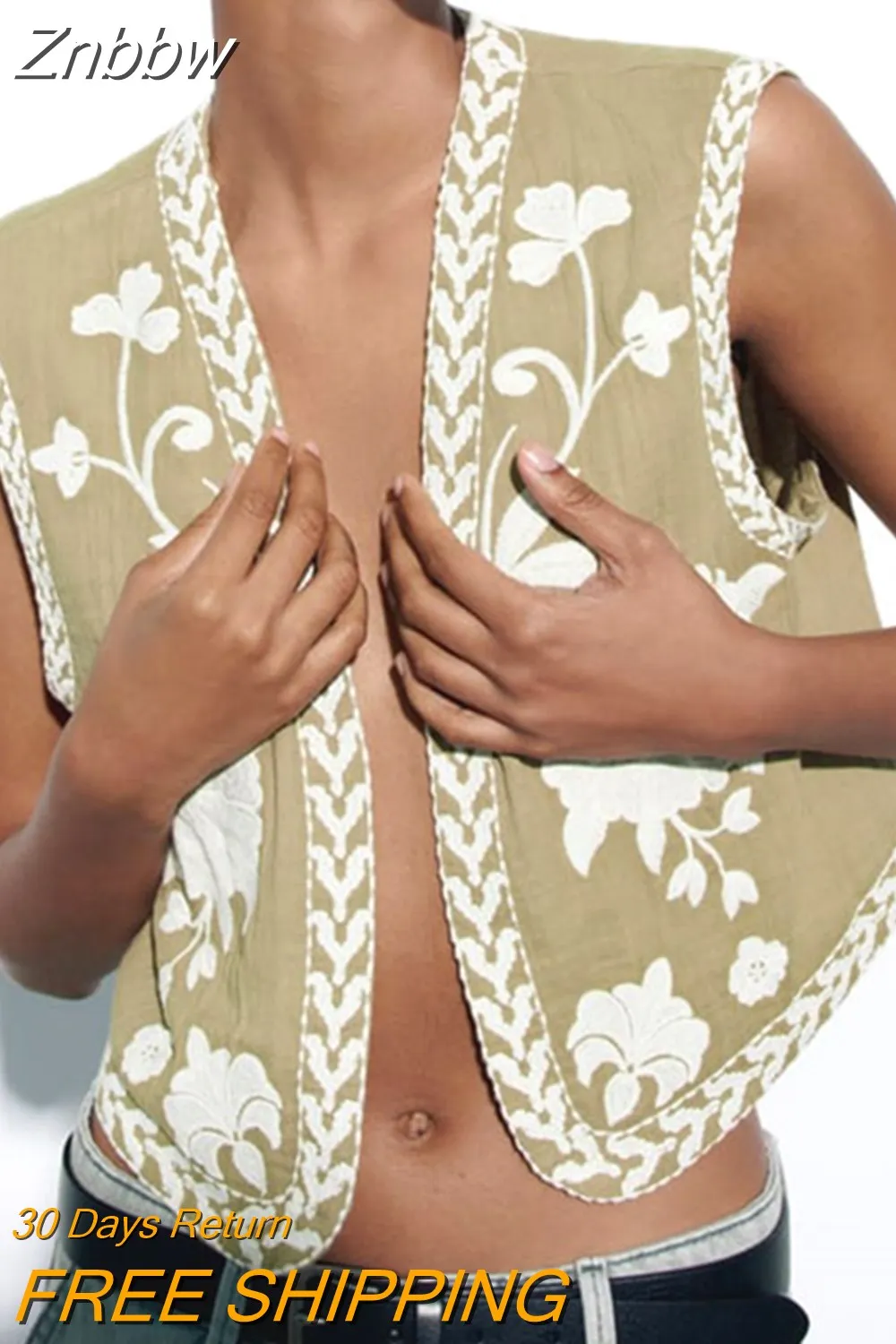 Znbbw TRAF Embroidered Open Waistcoats Women Cotton Basicos Femme Vests Women Sexy Cropped Tops Women Sleeveless Coats