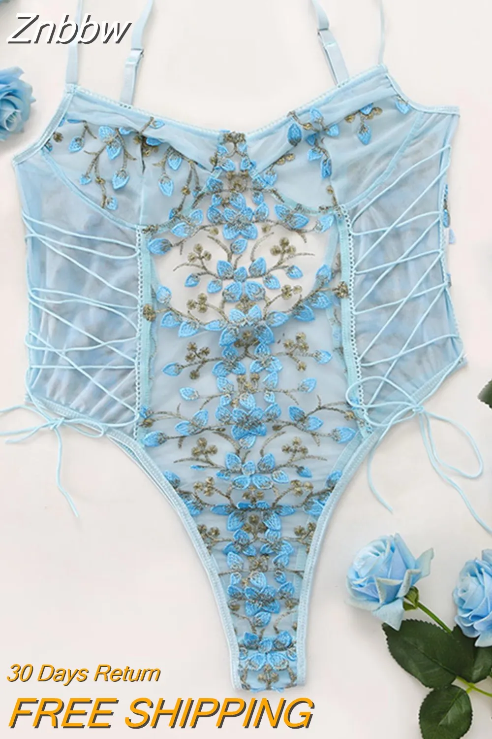 Znbbw Floral Embroidery Bodysuit Women Lace Up Bandage Bodies Sexy Sleeveless Bodycon Transparent Lingerie Mesh Bodysuits Top - Image 2