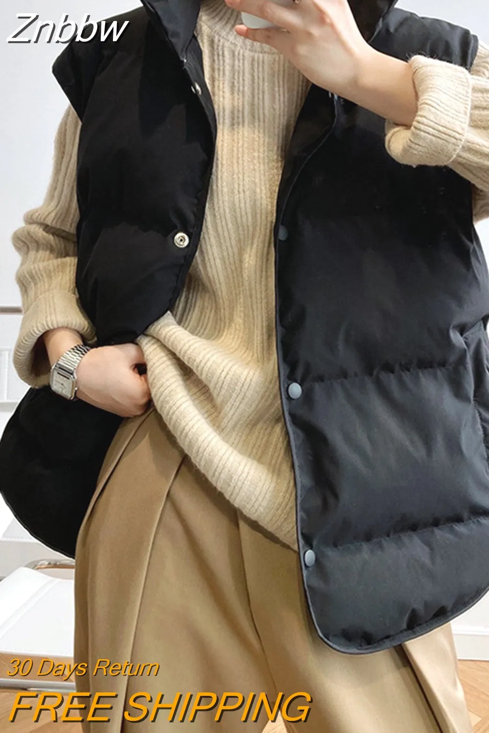 Znbbw Women Vest Coat Loose Sleeveless Jackets Turn Down Collar Ladies Winter Vest Autumn Winter 2023 Fashion Oversized Warm Vests - Image 6