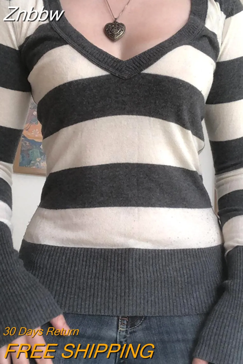 Znbbw Striped Knitted Crop Top Fairy Grunge Aesthetic Women Fall Winter V Neck Full Sleeve T Shirt Vintage Harajuku 2000s Clothes - Image 7