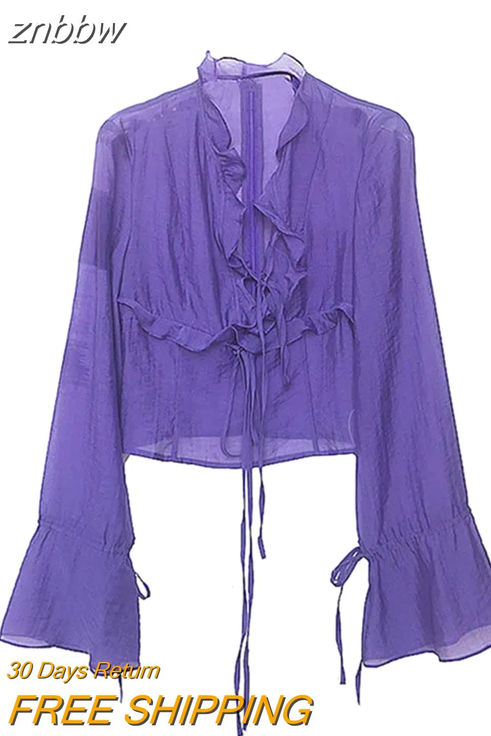 znbbw 2023 Spring Sexy Ruffled Flare Long Sleeve Women Blouse Korea Style Vintage Transparent Short Chiffon Shirt Ladies Tops - Image 3