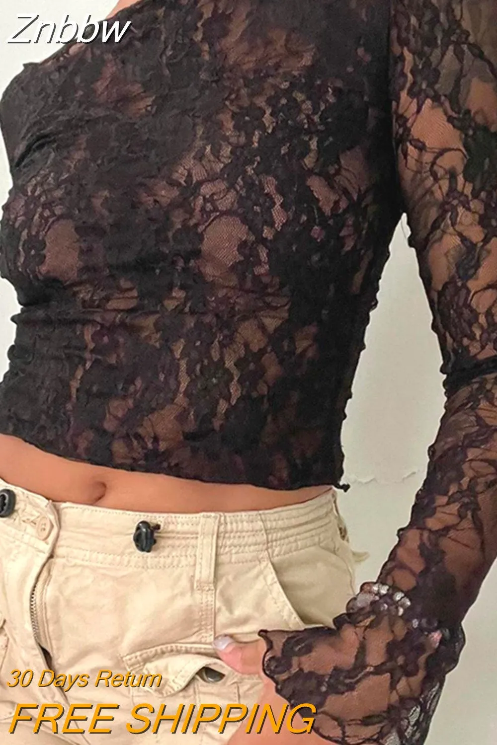 Znbbw Women Y2k Lace Floral Mesh Crop Tops Long Sleeve See Through Tee Shirts Sexy Sheer Going Out Blouse Streetwear - Image 2