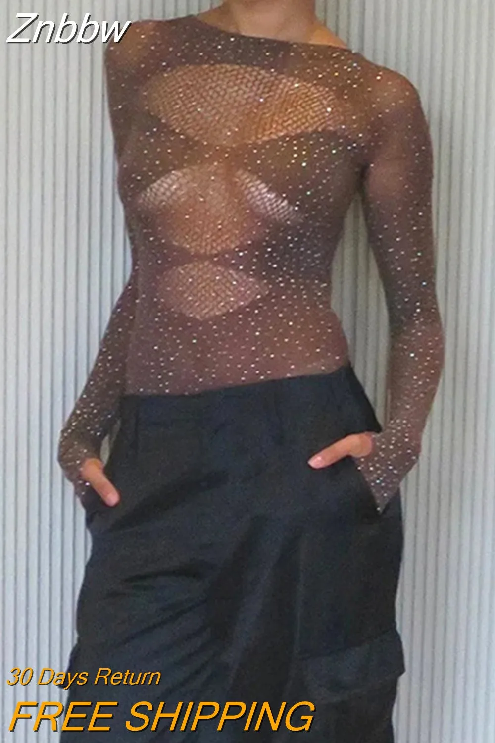 Znbbw Women??s Off Shoulder Bodysuit Shiny Rhinestone Long Sleeve Hollow Out Slim Fit Leotard Tops - Image 7