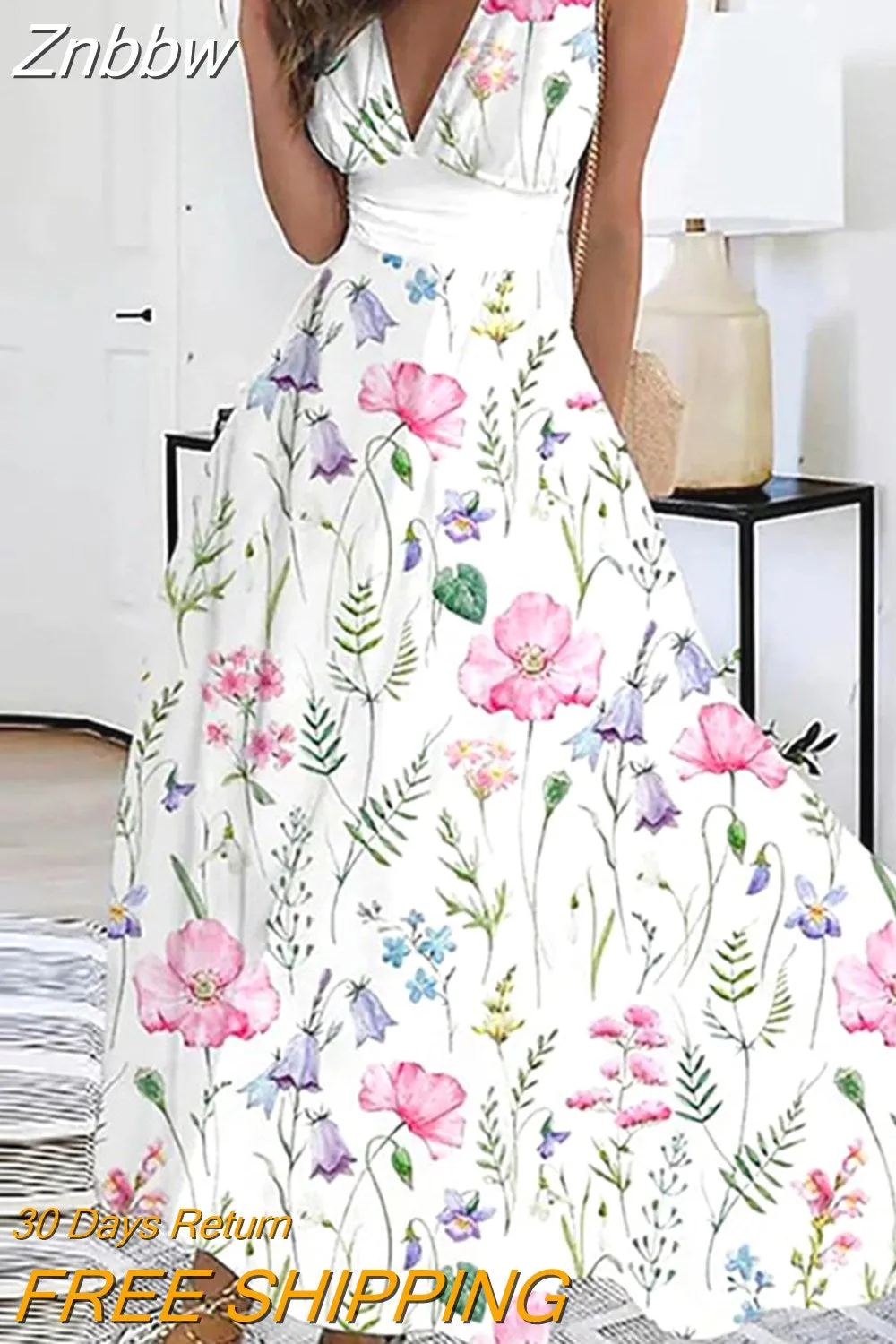 Znbbw Women Sleeveless Evening Dress Casual High Waist Boho Beach Dress New Summer Deep V-neck Floral Print Long Dress Vestidos - Image 4