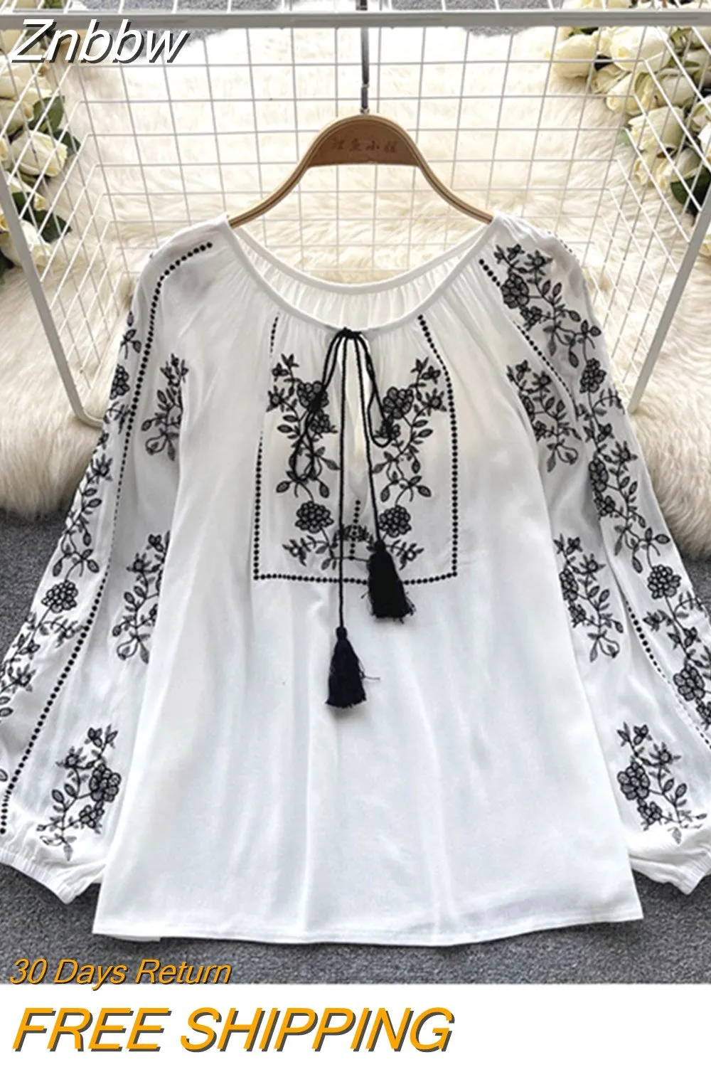Znbbw Women Spring Summer Blouse French Printed Shirt New Loose Long Sleeve Design Small Retro Lantern Sleeve Embroidery Top D2564