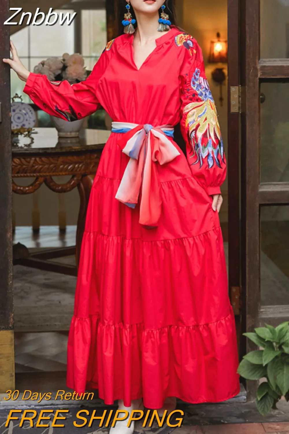 Znbbw Indie Folk Peacock Embroidery Red Christmas Dress Women's V-Neck Lantern Sleeve High Waist Bow Scarf Cotton Long Dresses