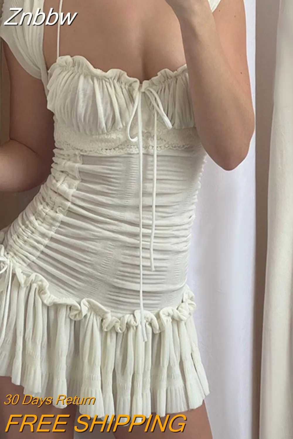 Znbbw Women Summer Short Skinny Mini Dress White Short Sleeve Low Cut Ruched Drawstring Dress - Image 2