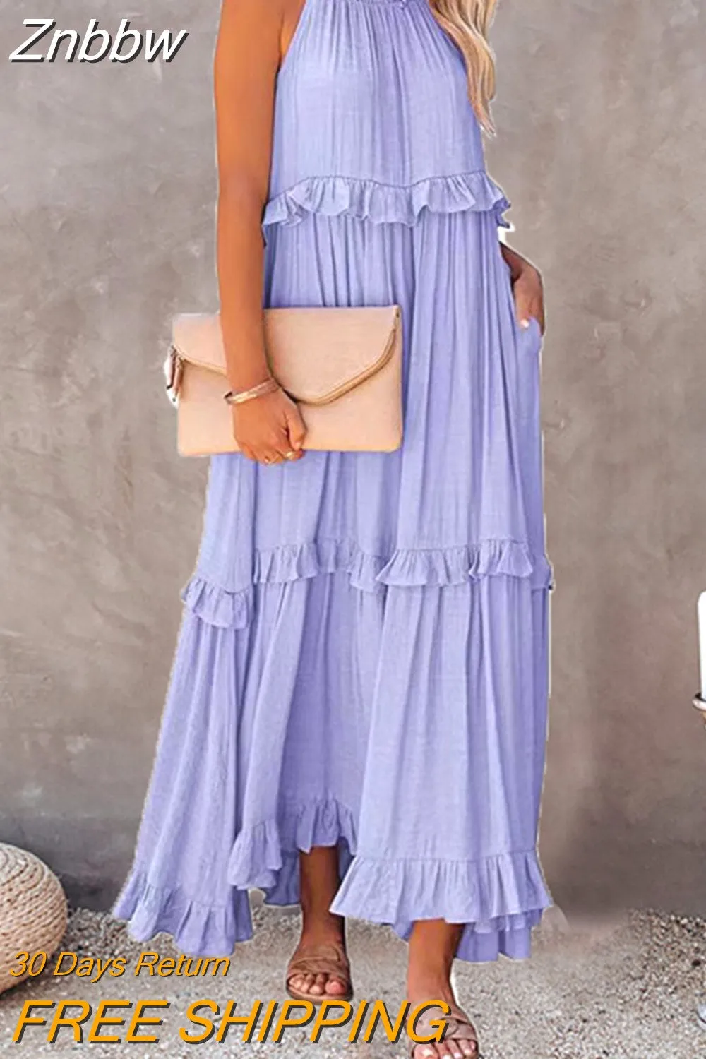 Znbbw Women Solid Vintage Long Dress Summer Boho Elegant Halter Sleeveless Ruffle Layered Dress Female Casual Beach Party Maxi Dress - Image 5