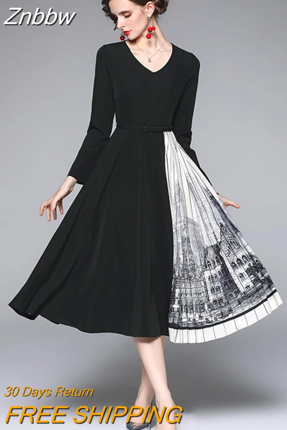 Znbbw Designer Autumn Winter Vintage Dress OL Elegant Floral Print Chiffon Splicing Midi Pleated Dress Robe Women Clothing