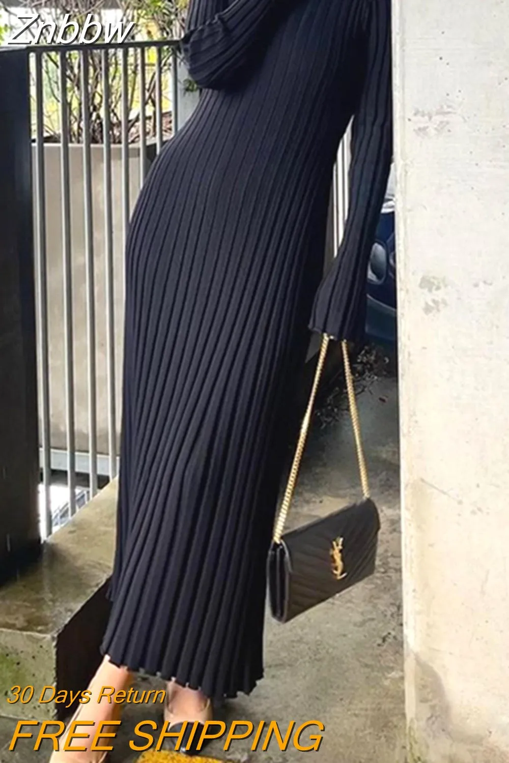 Znbbw Women's Knit Ribbed Long Dress Long Sleeve O Neck Wrapped Pencil Dress robe femme vestidos de mujer casual elegante - Image 7