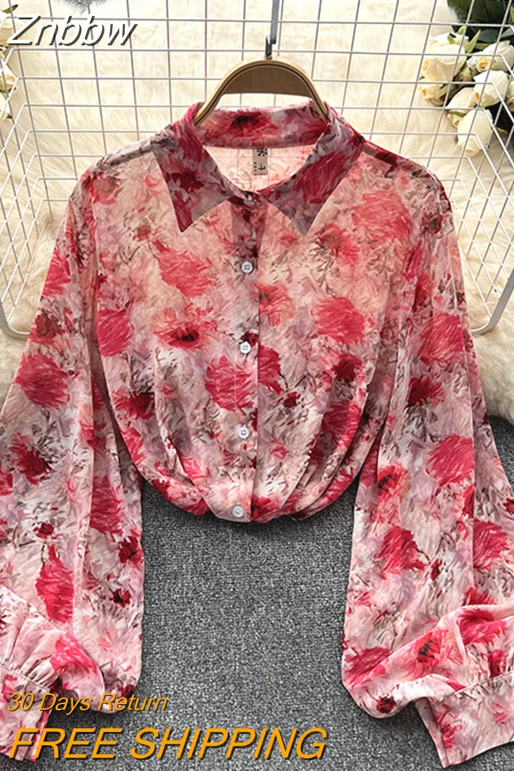 Znbbw Autumn Women's Korean Loose Versatile Long Sleeve Shirt Top New Lantern Sleeve Print Temperament POLO Collar Shirt G18 - Image 5