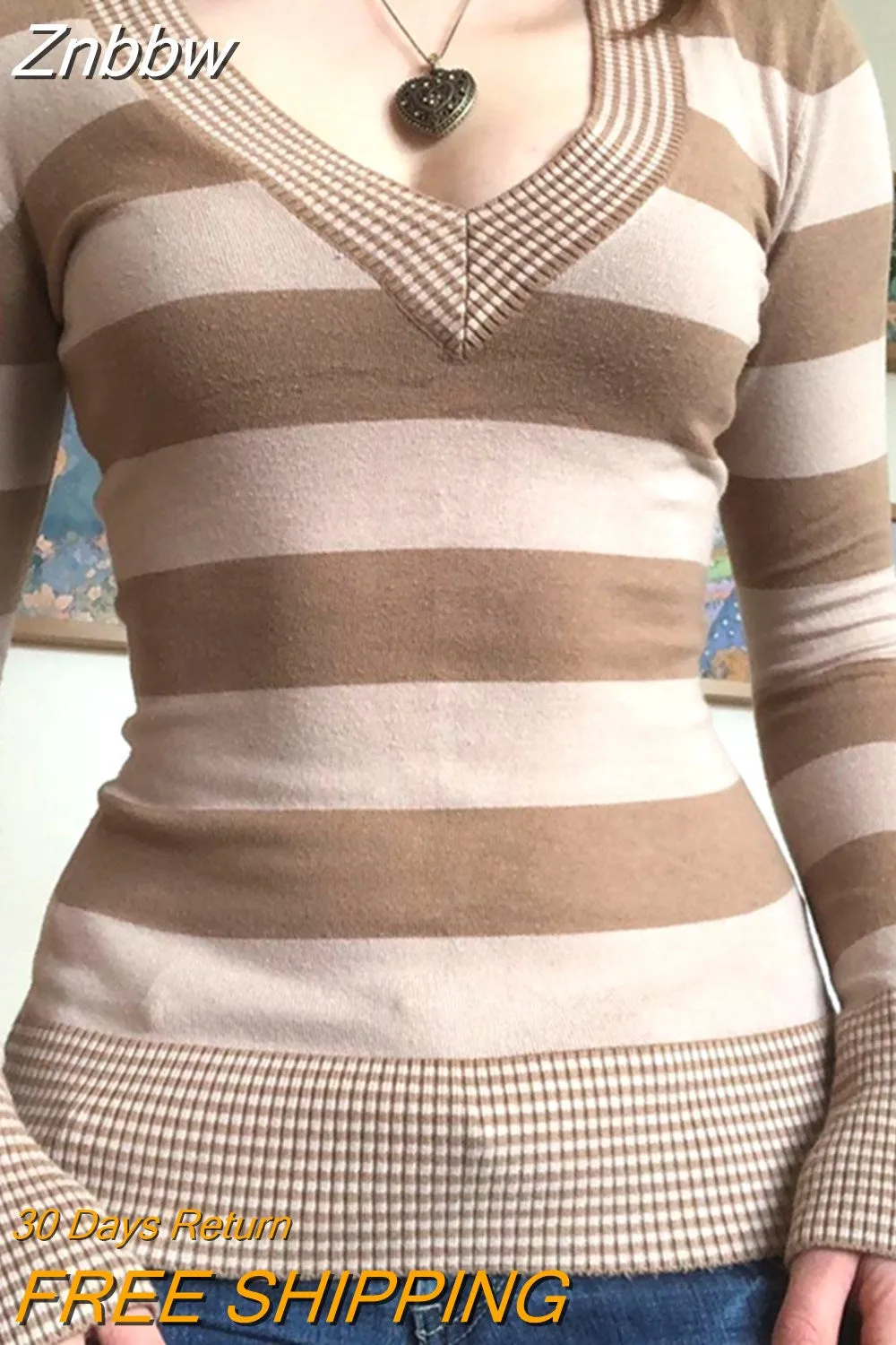 Znbbw Striped Knitted Crop Top Fairy Grunge Aesthetic Women Fall Winter V Neck Full Sleeve T Shirt Vintage Harajuku 2000s Clothes - Image 6