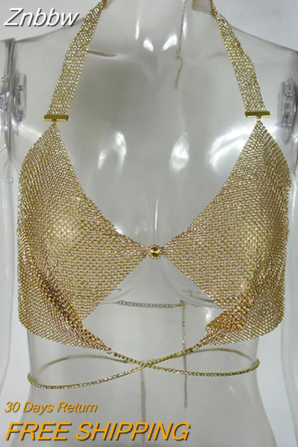 Znbbw 2023 Summer Crop Top Sexy Camisoles Women V-neck Crystal t-shirt Halter Tops Backless Bustier Metal Tank Top bts - Image 4