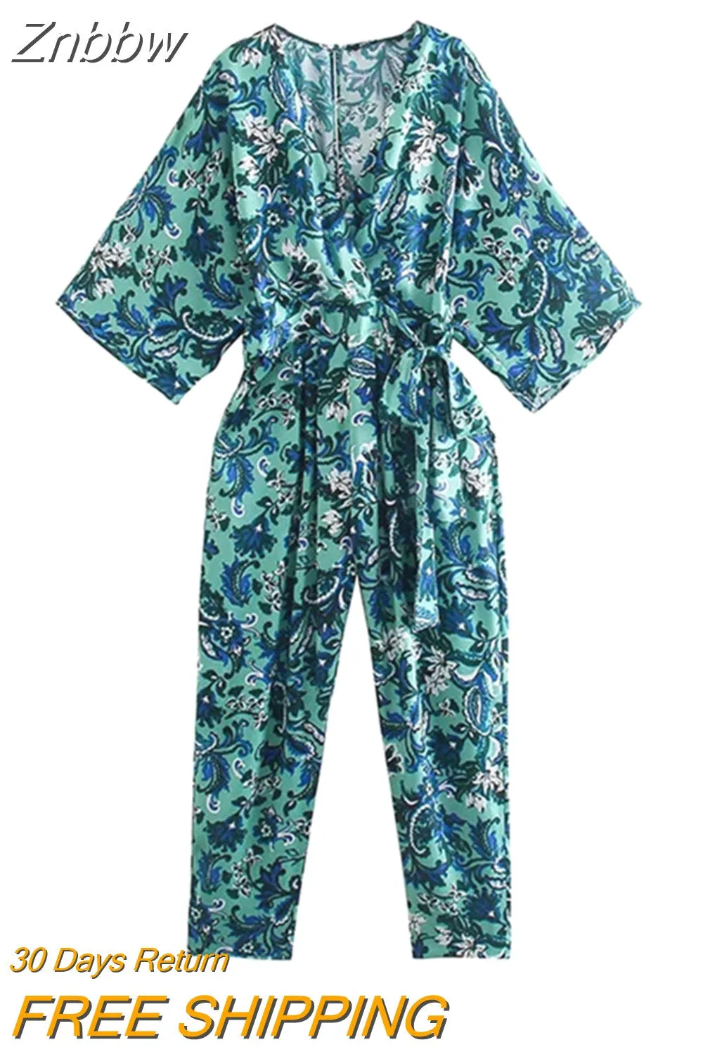 Znbbw ZBZA Women 2023 Vintage Half Sleeve Green Floral Print Jumpsuits Chic Ladies Zipper Design Casual Sashes Rompers 202308