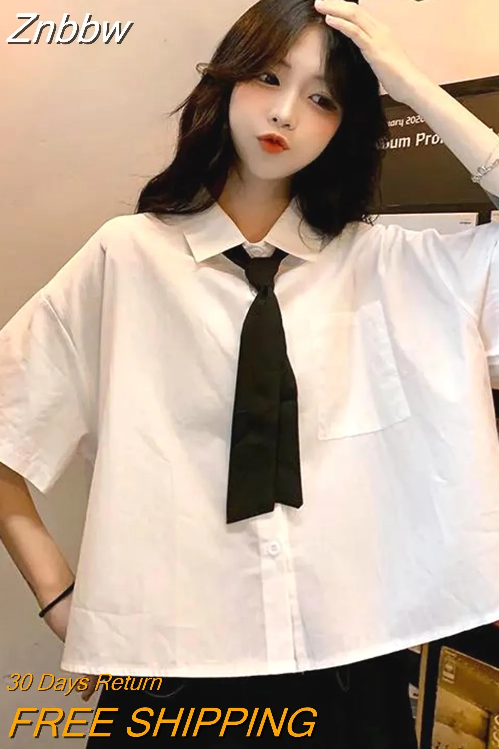 Znbbw Women Shirts Blouse Summer Oversized Blouses Short Sleeve Short Shirt Preppy Style White Cropped Students JK Uniform