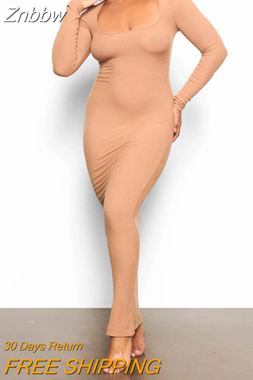 Znbbw Women Spring Dress Long Sleeve Plain Color Square Neck Tight Dress, Ladies Fall/Winter Stretchy Long Dresses - Image 7