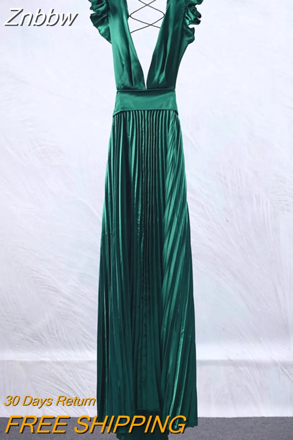 Znbbw Women Solid Backless Elegant Long Dresses V-neck Pleated A-line Sexy Frock 2023 Spring Summer Evening Party Casual Style Dress - Image 6