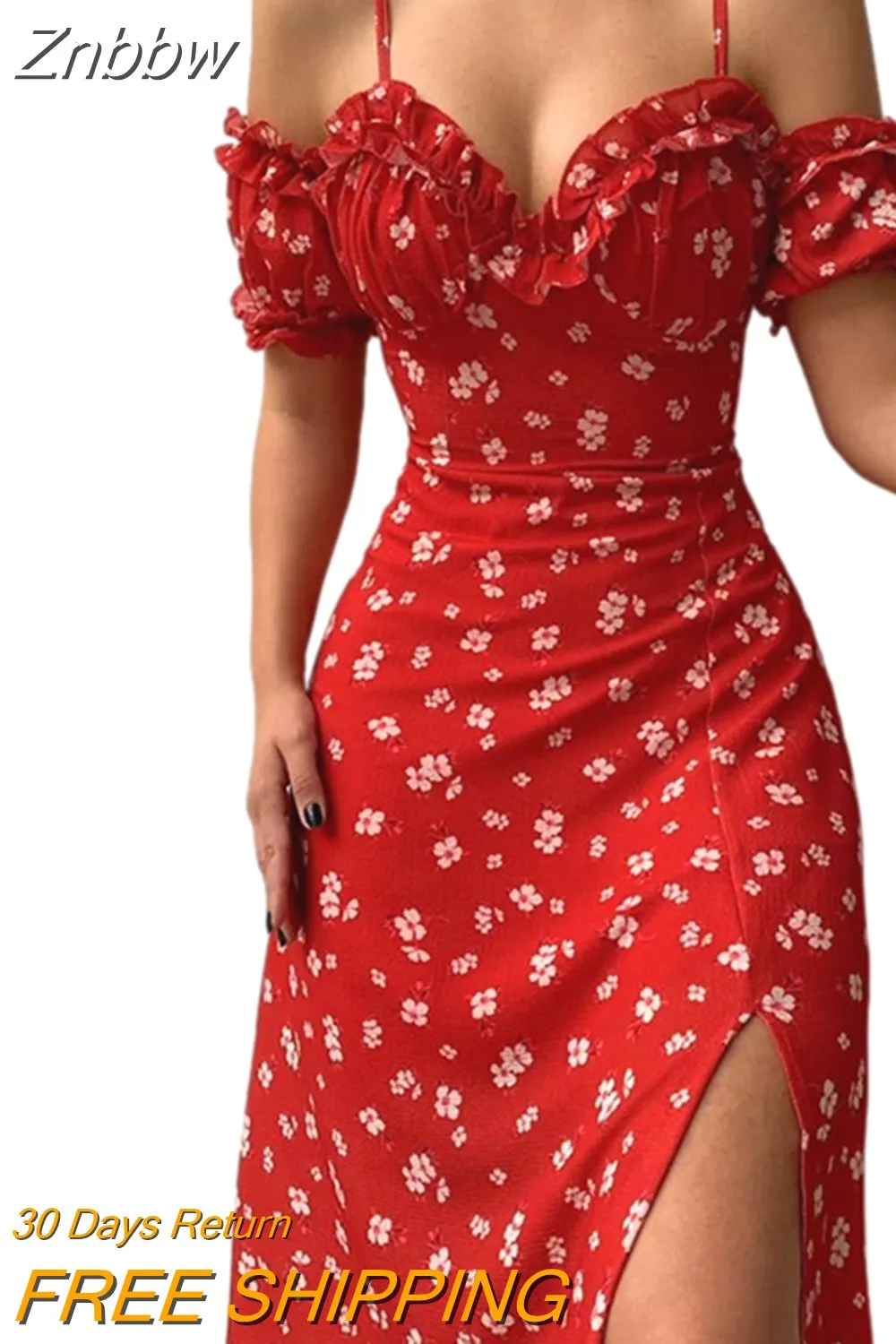 Znbbw New Summer Elegant Casual Floral Print Off Shoulder Split Dress Women Short Sleeve Slim Midi Dress for Club Party Holiday - Image 6