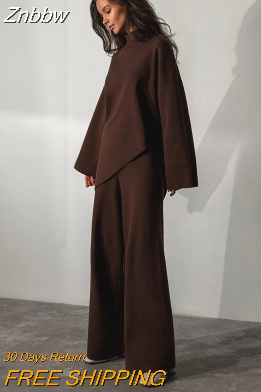 Znbbw Women Wide Legs Pants Irregular Sweater Suit 2023 Autumn Winter 2 Piece Set Casual High Collar Pullover Knitted Sweaters Outfits - Image 6