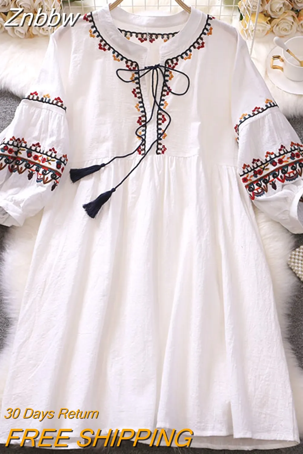 Znbbw Women Summer Dress Vintage Ethnic Embroidery V-neck Lace Up Foreign Style Lantern Sleeve Loose Temperament Dress D2799 - Image 4