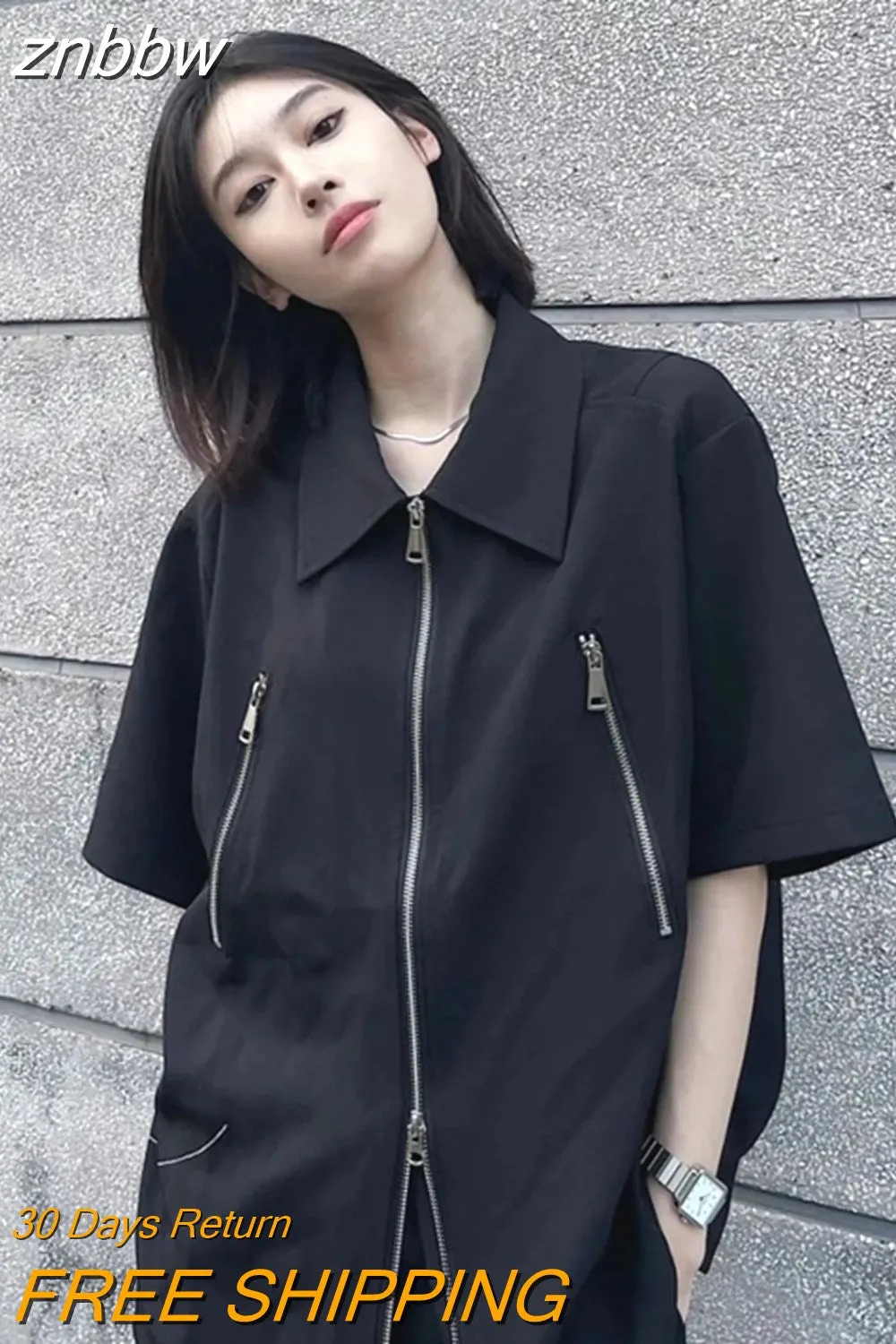 znbbw 2023 Summer Streetwear Short Sleeve Woman Black Shirt Oversize Y2K Zipper Up Woman Tunic Blouse Female Clothing Top - Image 2