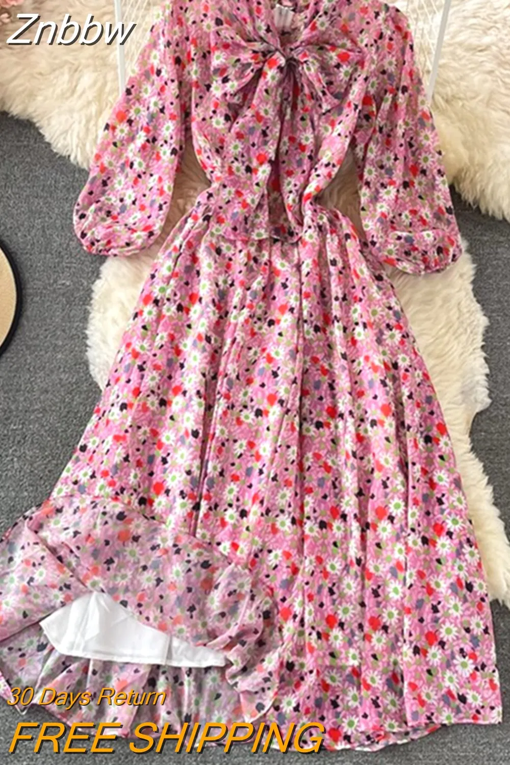 Znbbw 2023 Summer Fashion Runway Chiffon Long Dresses Women's Long sleeve Elegant Floral Print Party holidays Dress N78685 - Image 4