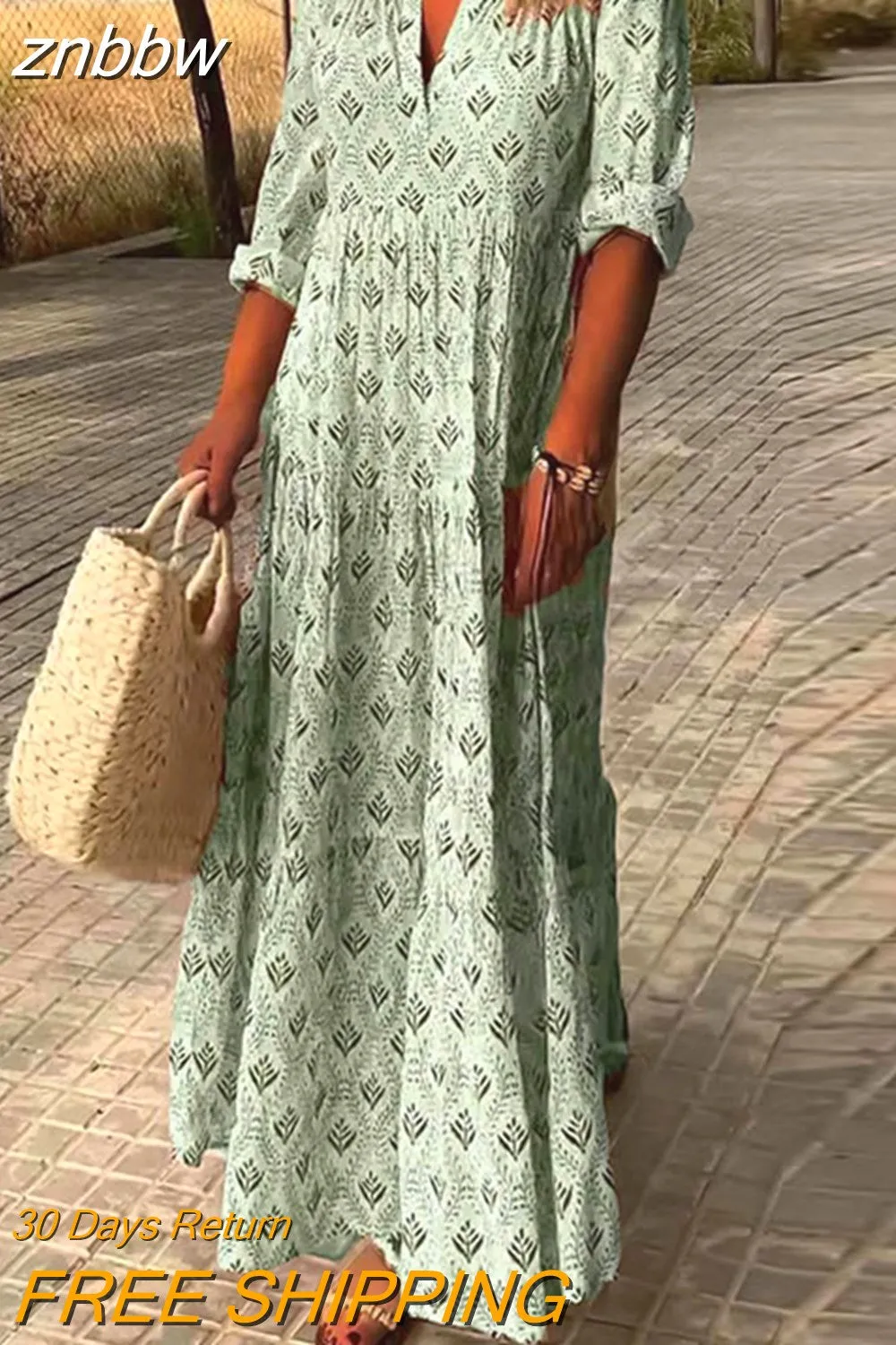 znbbw Women Long Sleeve Boho Pattern Maxi Dress Female Harajuku Fashion Pleat Dresses Vintage Casual Oversized Print Streetwear Dress - Image 5