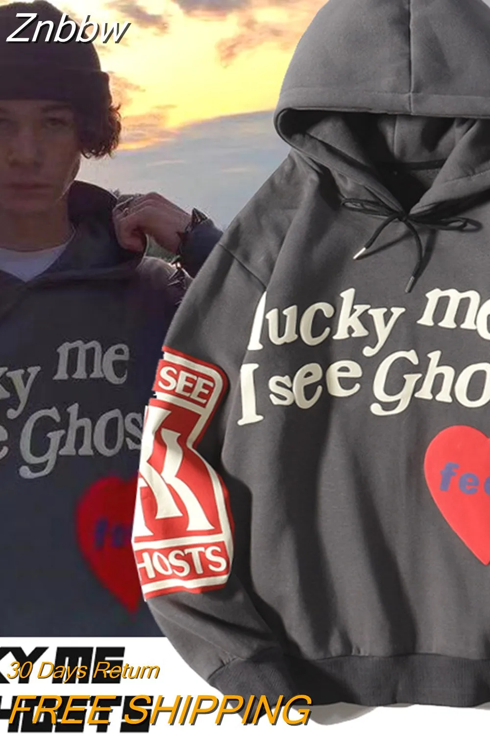 Znbbw Harajuku Autumn Weirdo Graffiti Letter Printed Hoodies Men Lucky Me I See Ghosts Unisex Hooded Sweatshirt Fleece Streetwear