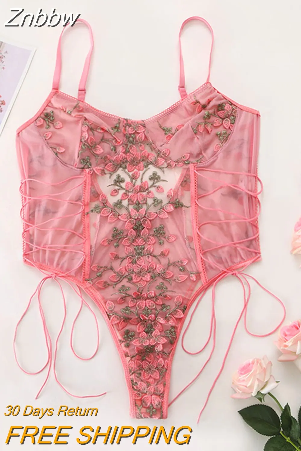 Znbbw Floral Embroidery Bodysuit Women Lace Up Bandage Bodies Sexy Sleeveless Bodycon Transparent Lingerie Mesh Bodysuits Top - Image 3
