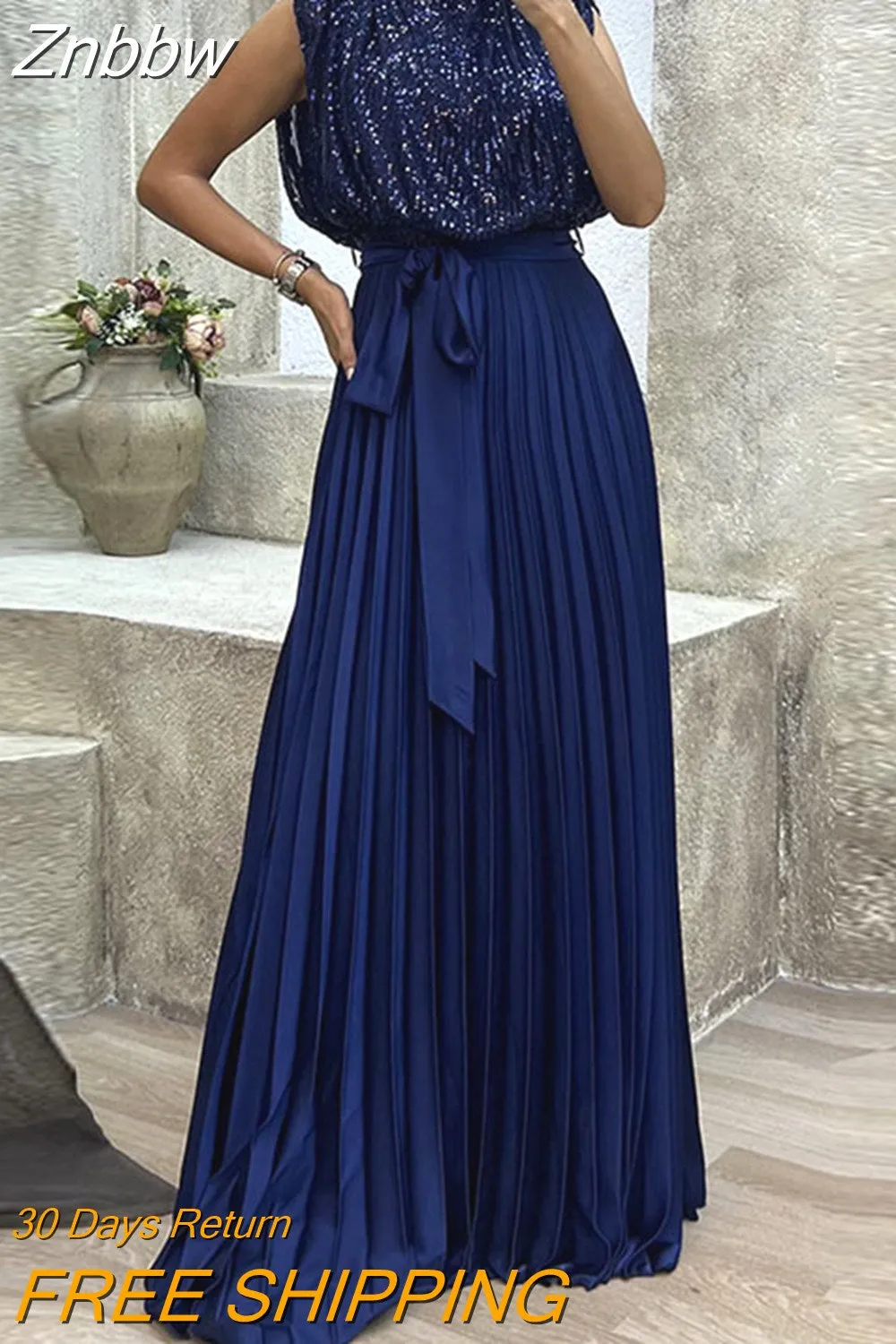 Znbbw Backless Pleated Evening Dresses Women O-neck Sequin Patchwork Long Dress Fashion Sleeveless Lace Up High Waisted Dress - Image 2