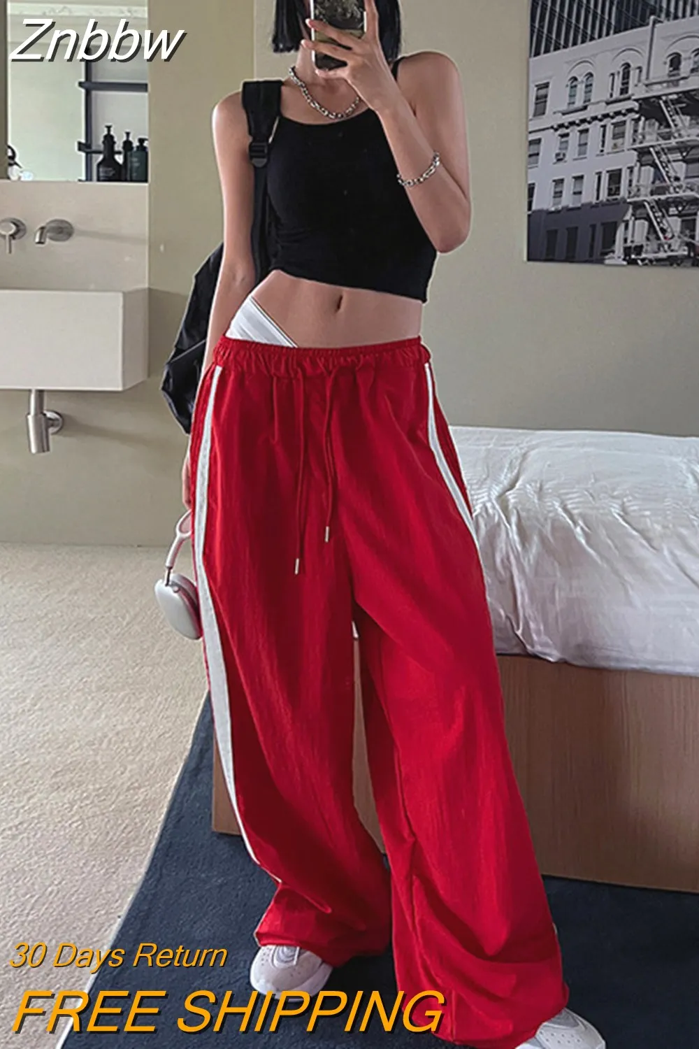 Znbbw Women Sweatpants Loose Streetwear High Waist Joggers Basic Patchwork Punk Trousers Drawstring Wide Leg Pants Tech Baggy Trousers