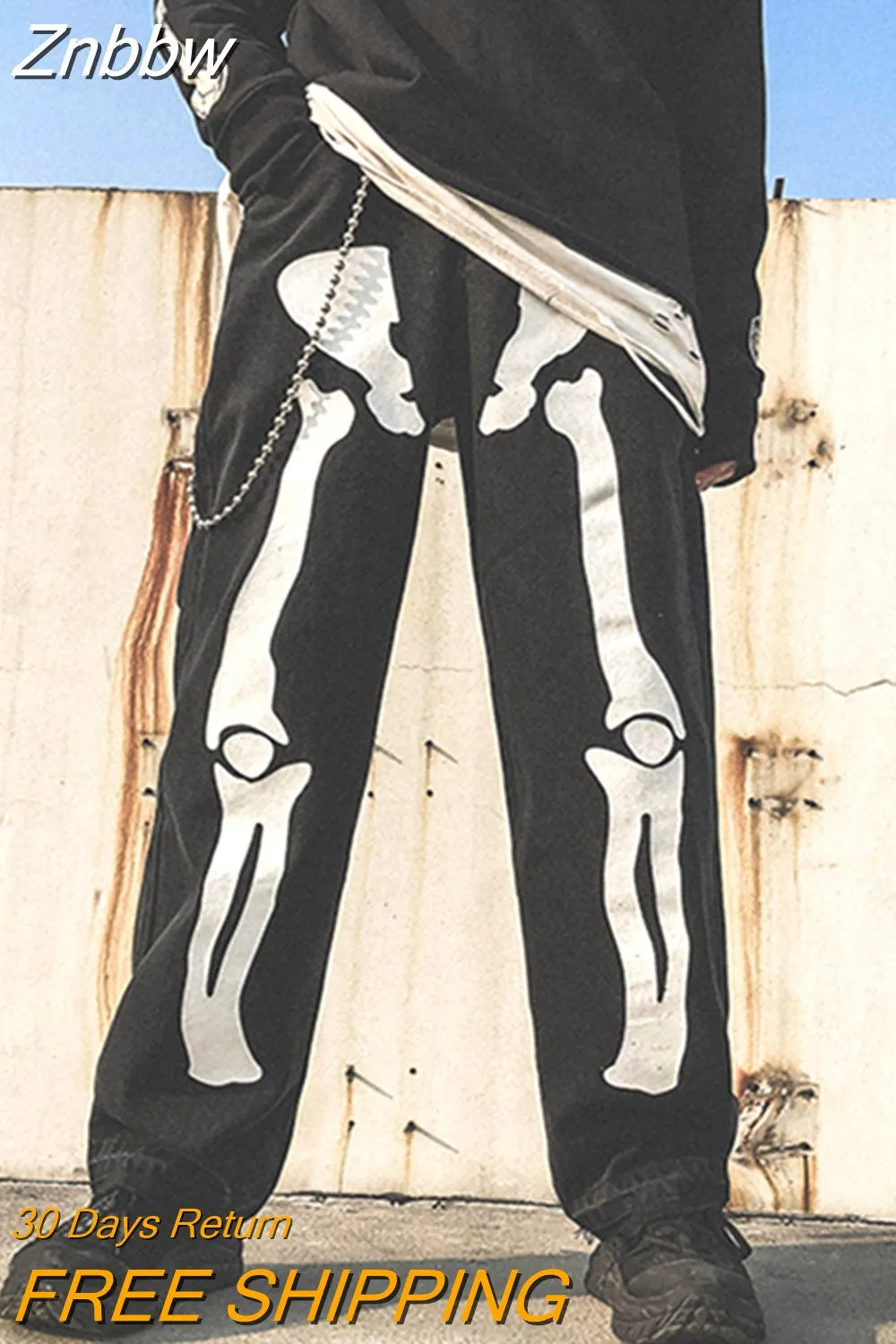 Znbbw Gothic Skull Skeleton Print Jeans 2023 Men High Waist Loose Straight Denim Pants Lovers Couple Street Casual Trousers