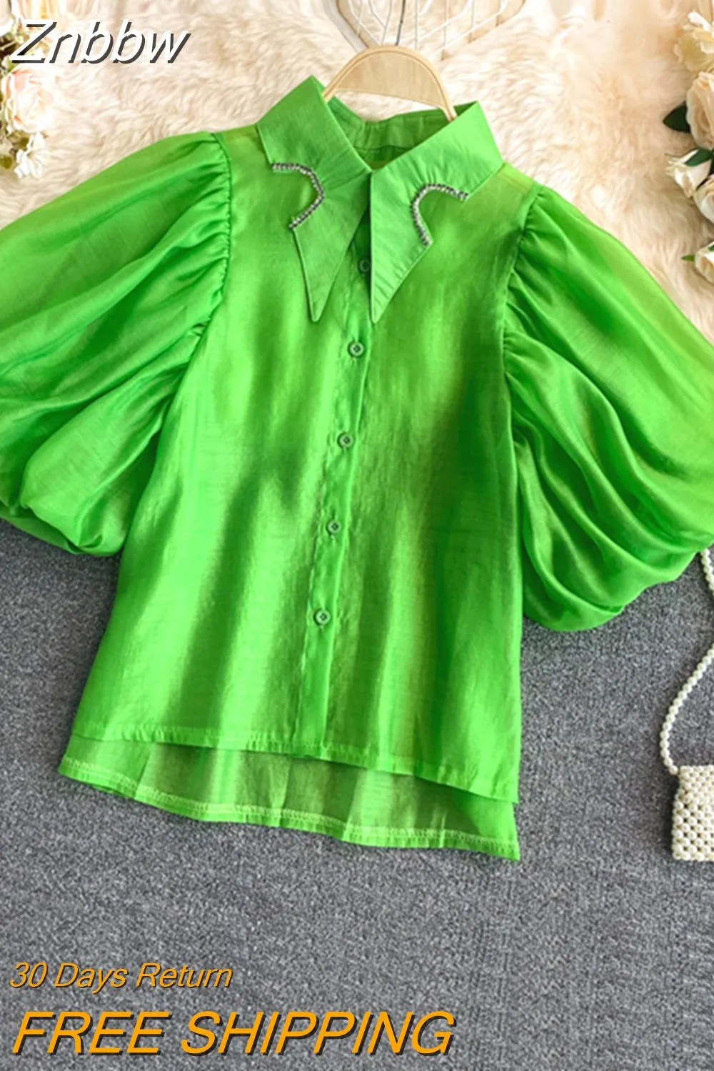 Znbbw Summer New Fashion Korean Retro Blouse Female Irregular Rhinestone Lapel Puff Sleeve Blusa Short Shirt KK1100