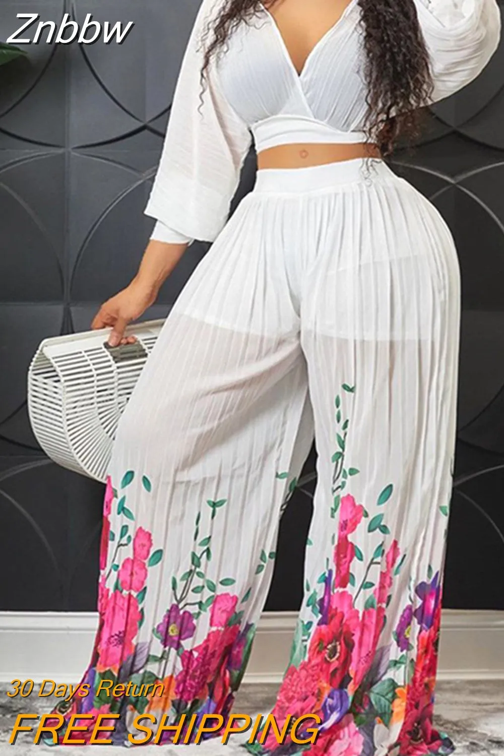 Znbbw Women Print Pleated Wide Leg Pants 2 Piece Sets Solid V-neck Long Sleeves Crop Tops Suits Summer female Floral Vacation Outfits - Image 4