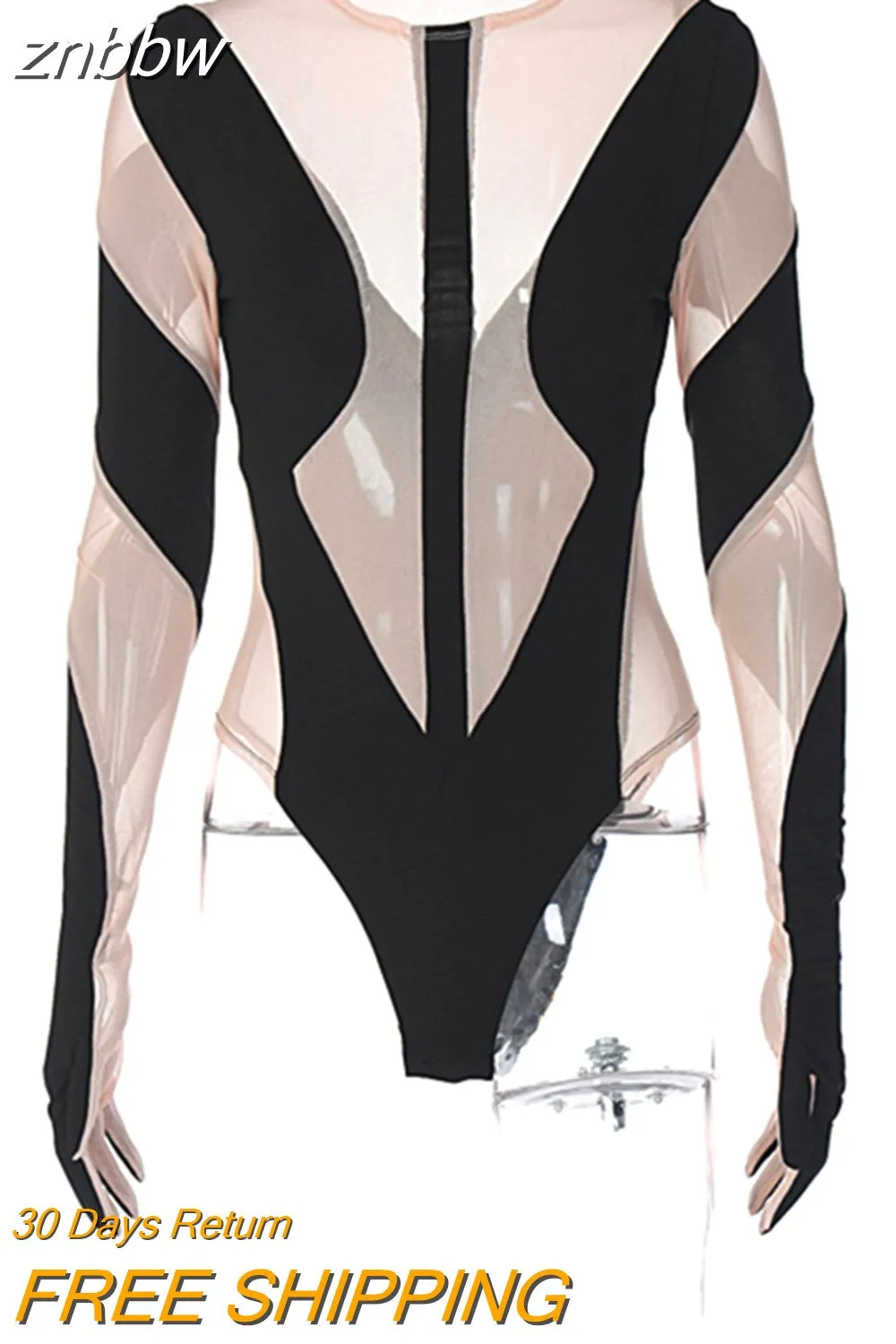 znbbw Autumn Sexy Mesh Patchwork Sheer Bodysuit Club Outfit For Women 2023 Long Sleeve O Neck See Through One Pieces Female - Image 2