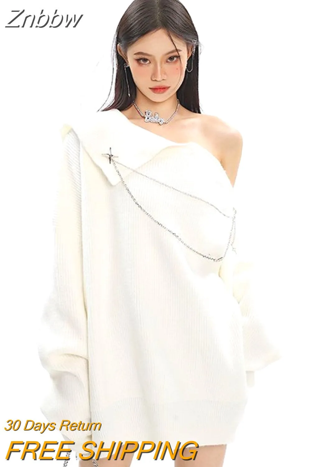 Znbbw Y2K Gothic Oversized Sweater Women Punk Grunge Zipper Knitted Jumper Sexy Loose Casual Off Shoulder Chic Pullover Tops - Image 3