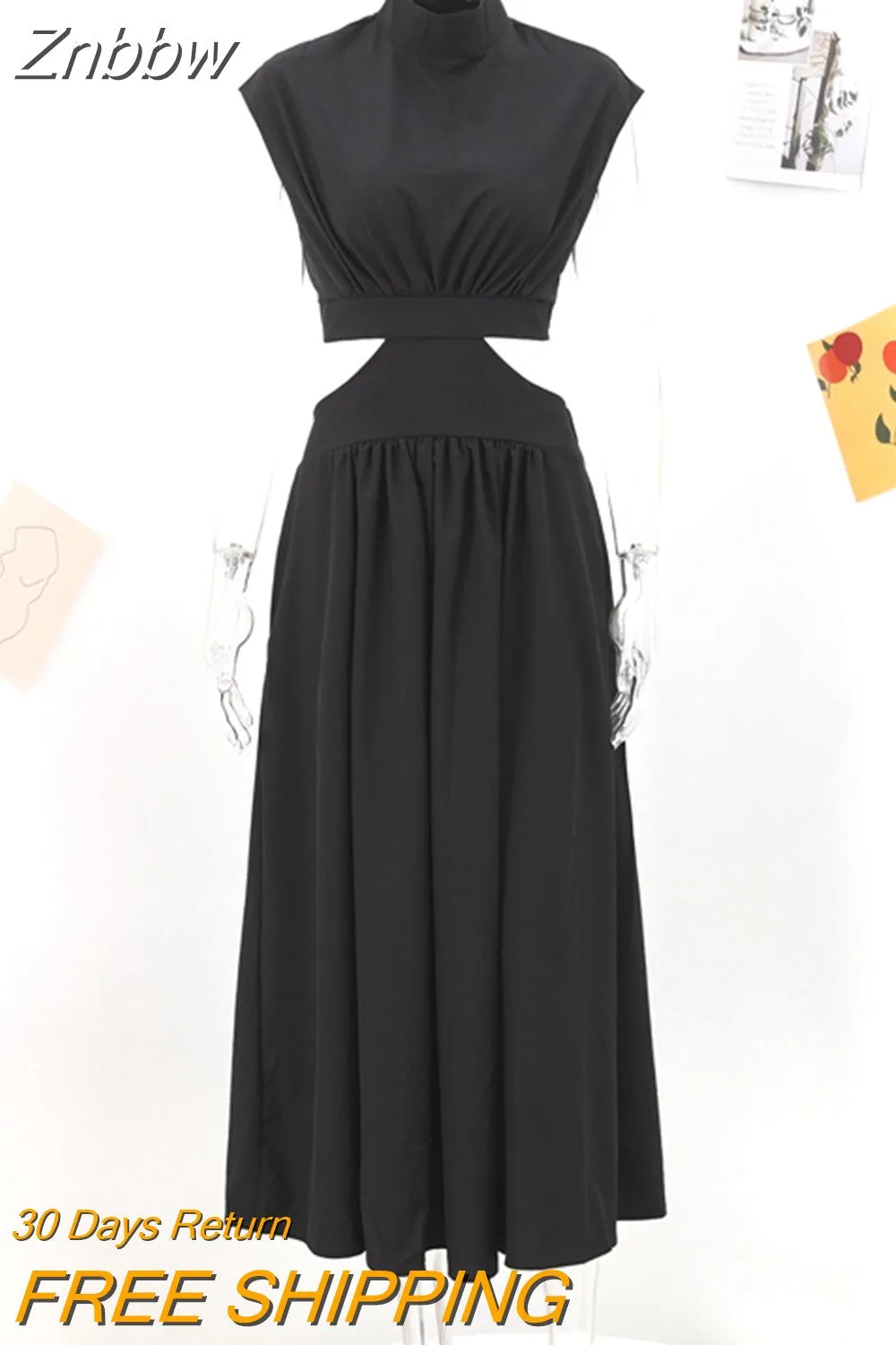 Znbbw Women Solid Sexy Long Dresses 2023 Summer Casual Hollow Waist Cut Sleeveless Dress Female Elegant Backless Holiday Maxi Dress - Image 7