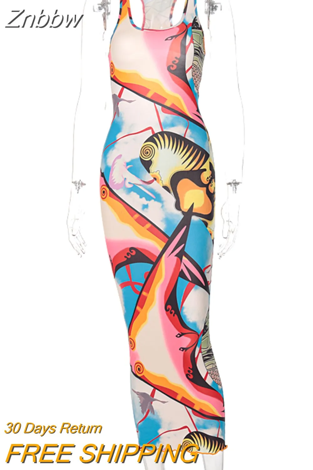 Znbbw 2023 New Sleeveless Hollow Out Straps Asymmetric Print Backless Ruched Sexy Maxi Dress Summer Women Streetwear Y2K - Image 2