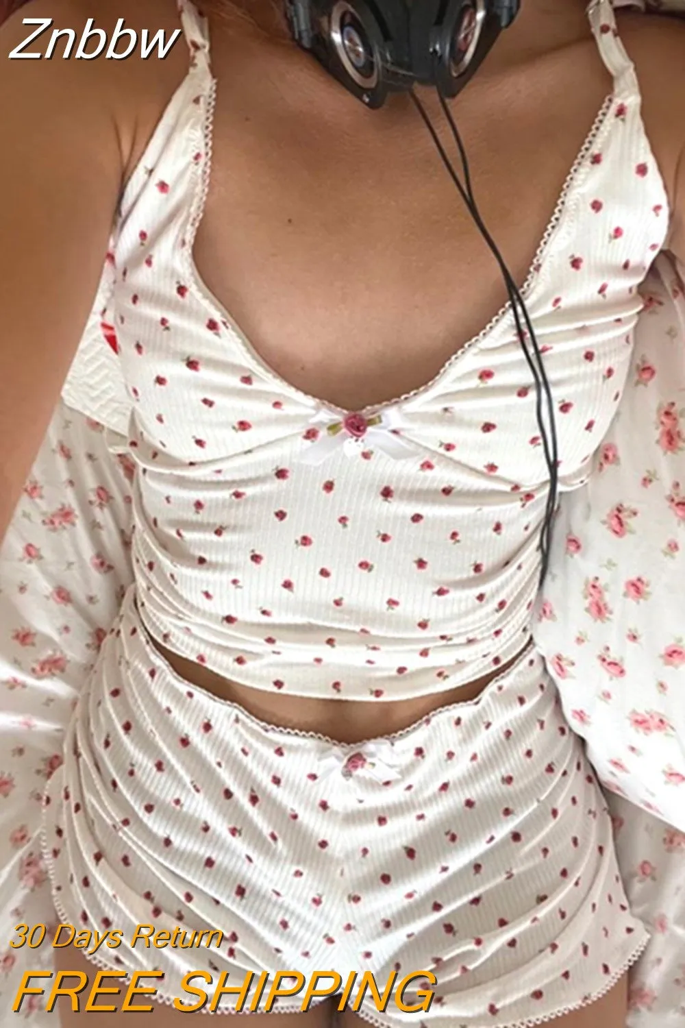 Znbbw Women Y2k Cute Pajama Short Set Lace Trim Flower Print Sleeveless V-neck Camisole with Shorts Sleepwear Loungewear 2000s Clothes